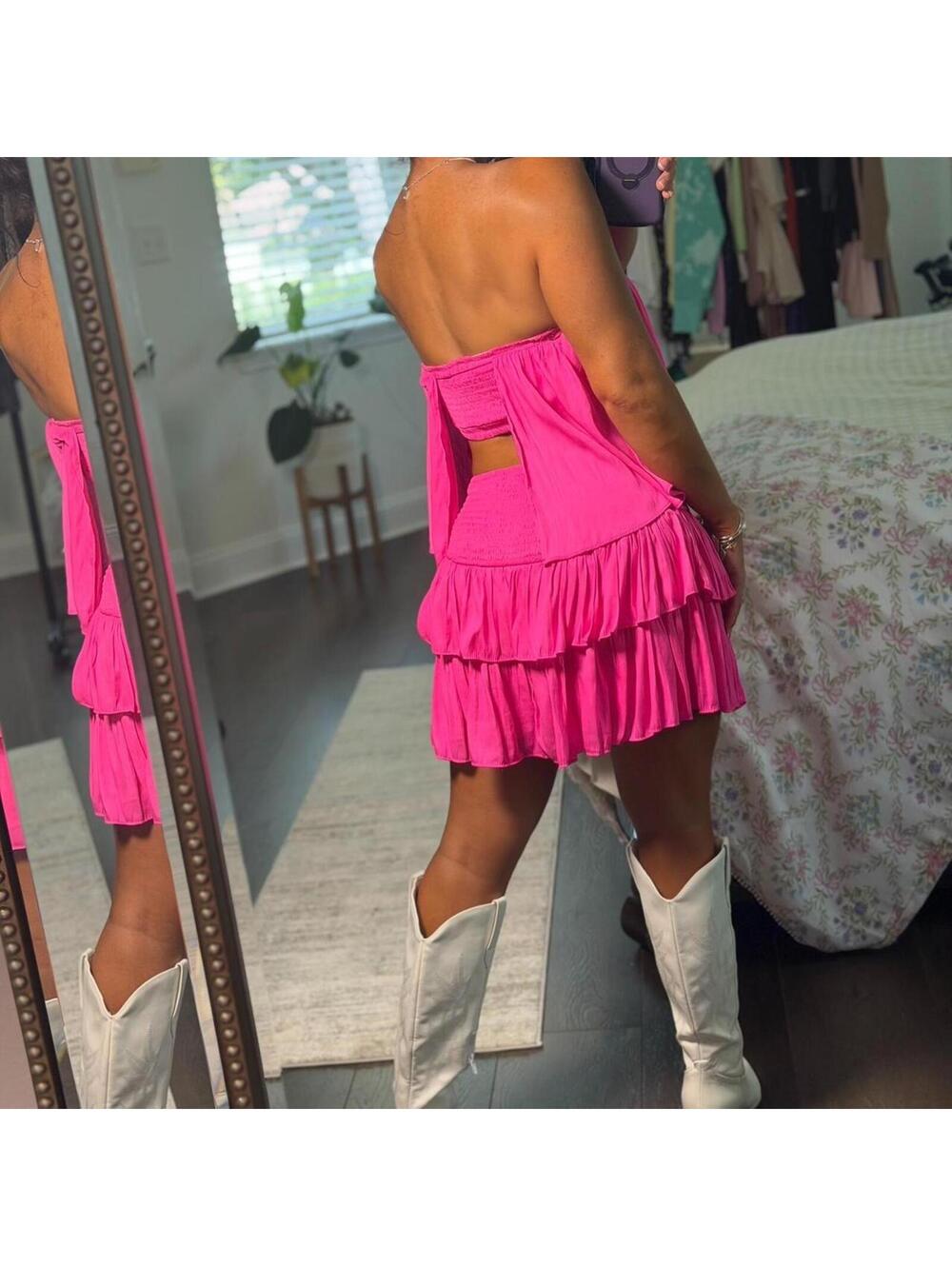 Hot Pink Strapless Ruffle Mini Dress | Barbiecore Summer Dress - Picture 2 of 7